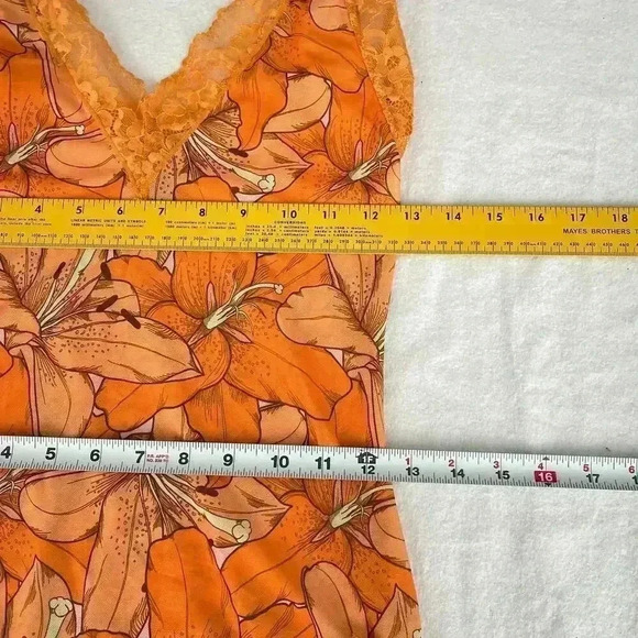 Slip Dress Size S Orange Floral Lace Y2K Fairy Sexy Mini Side Slit Mesh Sheer - Picture 6 of 9